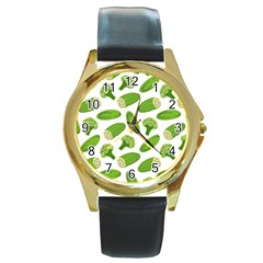 Vegetable Pattern With Composition Broccoli Round Gold Metal Watch by pakminggu