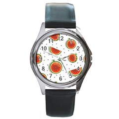 Seamless Background Pattern With Watermelon Slices Round Metal Watch by pakminggu