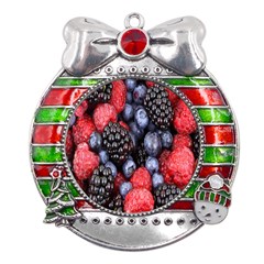 Berries-01 Metal X mas Ribbon With Red Crystal Round Ornament by nateshop