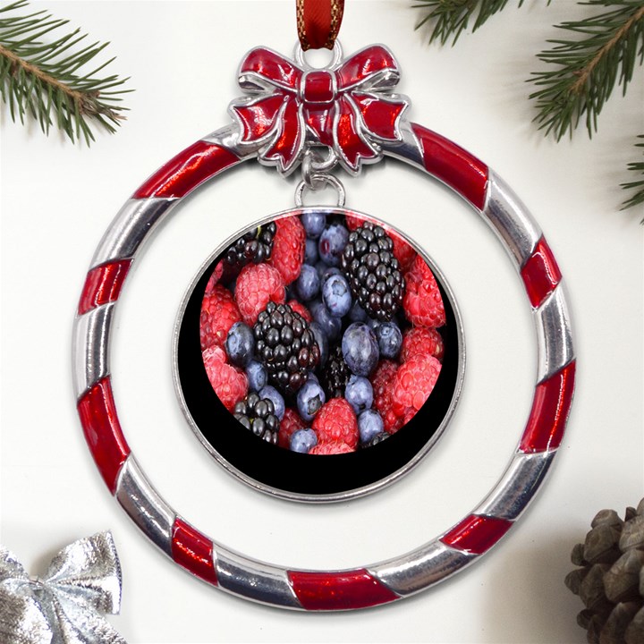 Berries-01 Metal Red Ribbon Round Ornament