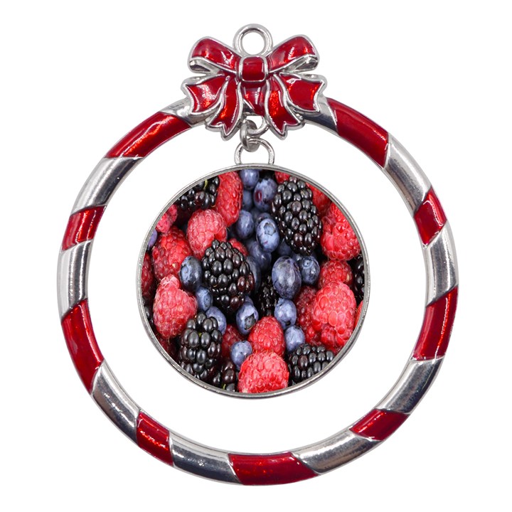 Berries-01 Metal Red Ribbon Round Ornament