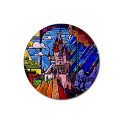 Beauty Stained Glass Castle Building Rubber Round Coaster (4 Pack) by Cowasu