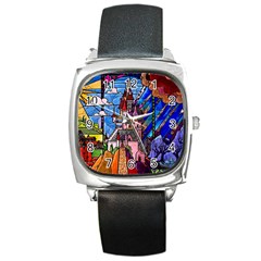 Beauty Stained Glass Castle Building Square Metal Watch by Cowasu