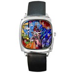 Beauty Stained Glass Castle Building Square Metal Watch Front