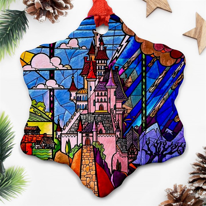 Beauty Stained Glass Castle Building Snowflake Ornament (Two Sides)