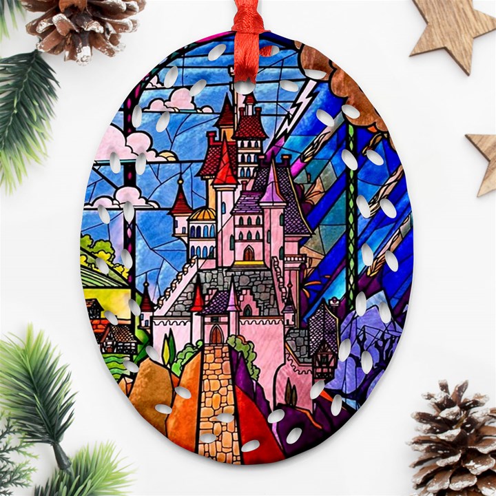 Beauty Stained Glass Castle Building Ornament (Oval Filigree)