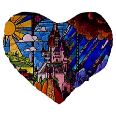 Beauty Stained Glass Castle Building Large 19  Premium Flano Heart Shape Cushions by Cowasu