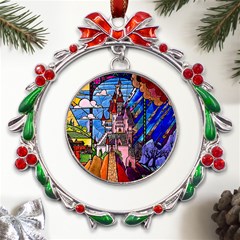 Beauty Stained Glass Castle Building Metal X mas Wreath Ribbon Ornament by Cowasu