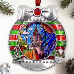 Beauty Stained Glass Castle Building Metal X mas Ribbon With Red Crystal Round Ornament