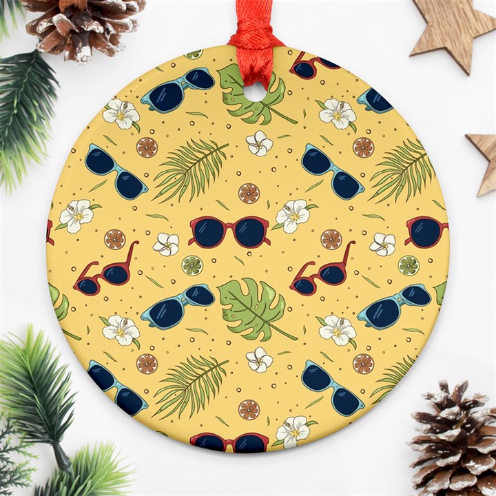 Seamless Pattern Of Sunglasses Tropical Leaves And Flower Ornament (Round)