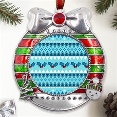 Blue Christmas Vintage Ethnic Seamless Pattern Metal X mas Ribbon With Red Crystal Round Ornament