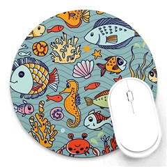 Cartoon Underwater Seamless Pattern With Crab Fish Seahorse Coral Marine Elements Round Mousepad by Bedest