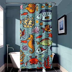 Cartoon Underwater Seamless Pattern With Crab Fish Seahorse Coral Marine Elements Shower Curtain 36  X 72  (stall)  by Bedest