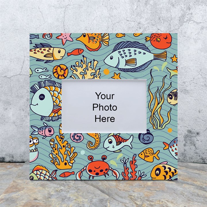 Cartoon Underwater Seamless Pattern With Crab Fish Seahorse Coral Marine Elements White Box Photo Frame 4  x 6 