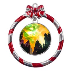 Forest-trees-nature-wood-green Metal Red Ribbon Round Ornament by Bedest