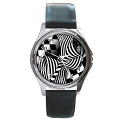 Op-art-black-white-drawing Round Metal Watch by Bedest