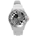 Op-art-black-white-drawing Round Plastic Sport Watch (L) Front