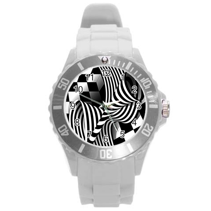 Op-art-black-white-drawing Round Plastic Sport Watch (L)