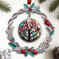 Tree-moon-night-sky-landscape Metal X mas Wreath Holly Leaf Ornament