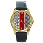 Background-damask-red-black Round Gold Metal Watch Front