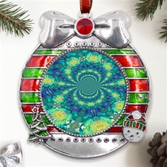 Fractal Metal X mas Ribbon With Red Crystal Round Ornament