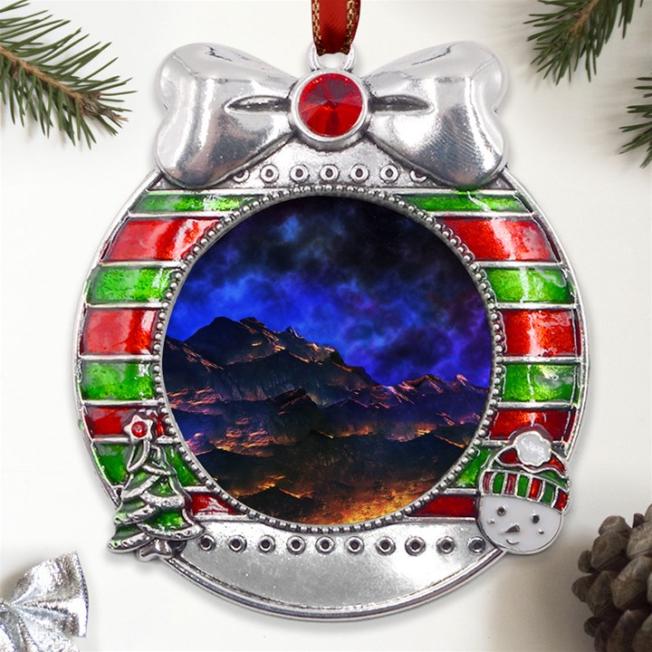 Landscape-sci-fi-alien-world Metal X Mas Ribbon With Red Crystal Round Ornament