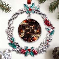 Library-tunnel-books-stacks Metal X mas Wreath Holly Leaf Ornament by Bedest