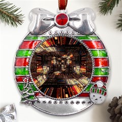 Library-tunnel-books-stacks Metal X mas Ribbon With Red Crystal Round Ornament by Bedest