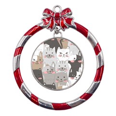 Cute Cats Seamless Pattern Metal Red Ribbon Round Ornament