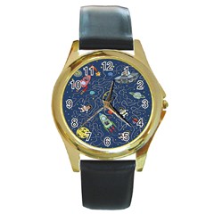 Cat-cosmos-cosmonaut-rocket Round Gold Metal Watch by pakminggu