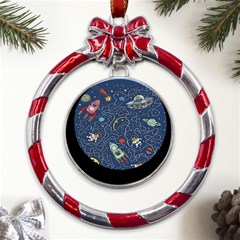 Cat-cosmos-cosmonaut-rocket Metal Red Ribbon Round Ornament by pakminggu