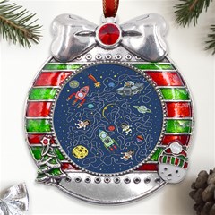 Cat-cosmos-cosmonaut-rocket Metal X mas Ribbon With Red Crystal Round Ornament by pakminggu