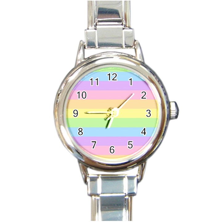 Cute Pastel Rainbow Striped Pattern Round Italian Charm Watch