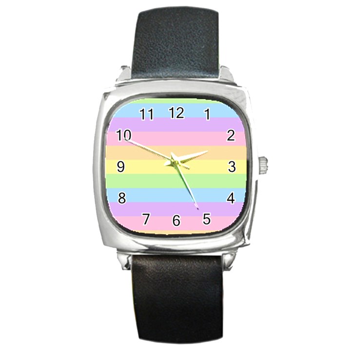 Cute Pastel Rainbow Striped Pattern Square Metal Watch