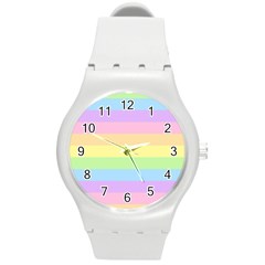 Cute Pastel Rainbow Striped Pattern Round Plastic Sport Watch (m) by pakminggu