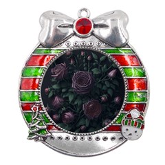 Rose Flower Plant Metal X mas Ribbon With Red Crystal Round Ornament by pakminggu