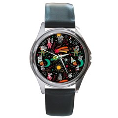 Space Seamless Pattern Round Metal Watch by pakminggu