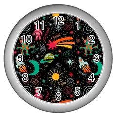 Space Seamless Pattern Wall Clock (silver) by pakminggu