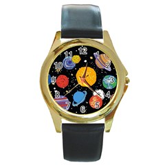 Circle Illustration Space Art Cute Pattern Round Gold Metal Watch by pakminggu