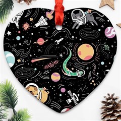 Cat And Dog Space Pattern Heart Ornament (two Sides)