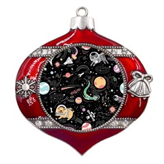 Cat And Dog Space Pattern Metal Snowflake And Bell Red Ornament