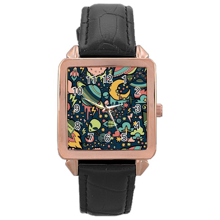 Alien Ocket Space Aesthetic Pattern Rose Gold Leather Watch 