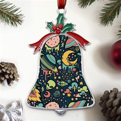 Alien Ocket Space Aesthetic Pattern Metal Holly Leaf Bell Ornament