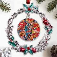 Comic Cartoon Pattern Metal X mas Wreath Holly Leaf Ornament