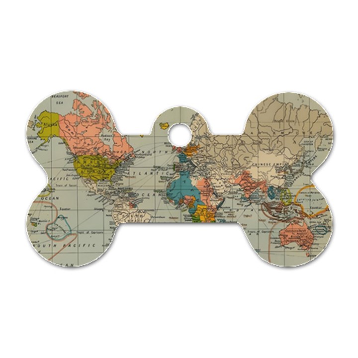 Vintage World Map Dog Tag Bone (Two Sides)