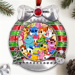 Illustration Cartoon Character Animal Cute Metal X mas Ribbon With Red Crystal Round Ornament