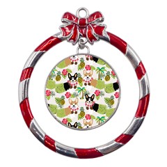 Corgis Hula Pattern Metal Red Ribbon Round Ornament by Cowasu