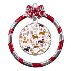 Corgis Corgi Pattern Metal Red Ribbon Round Ornament by Cowasu