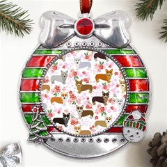 Corgis Corgi Pattern Metal X mas Ribbon With Red Crystal Round Ornament