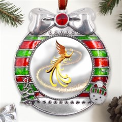 Phoenix Metal X mas Ribbon With Red Crystal Round Ornament